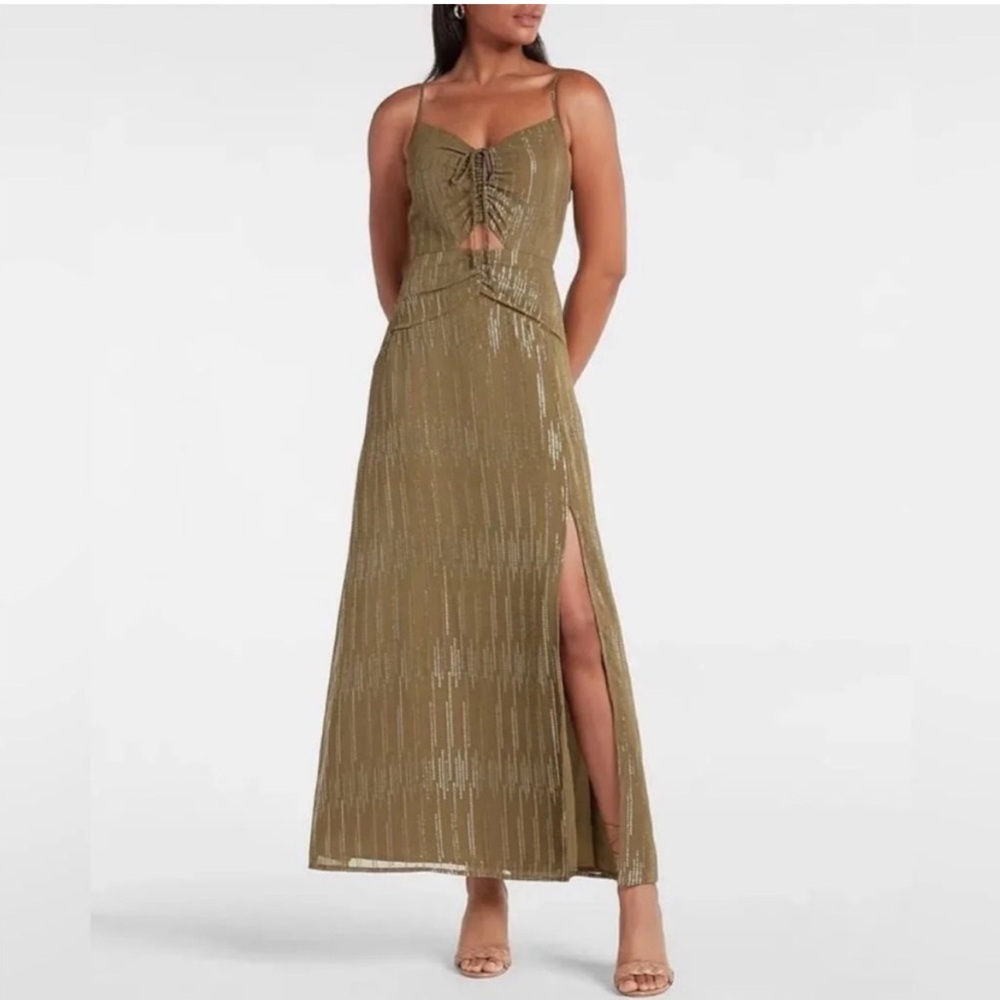 Express olive and silver metallic ruched front cut out maxi dress size small 🩶